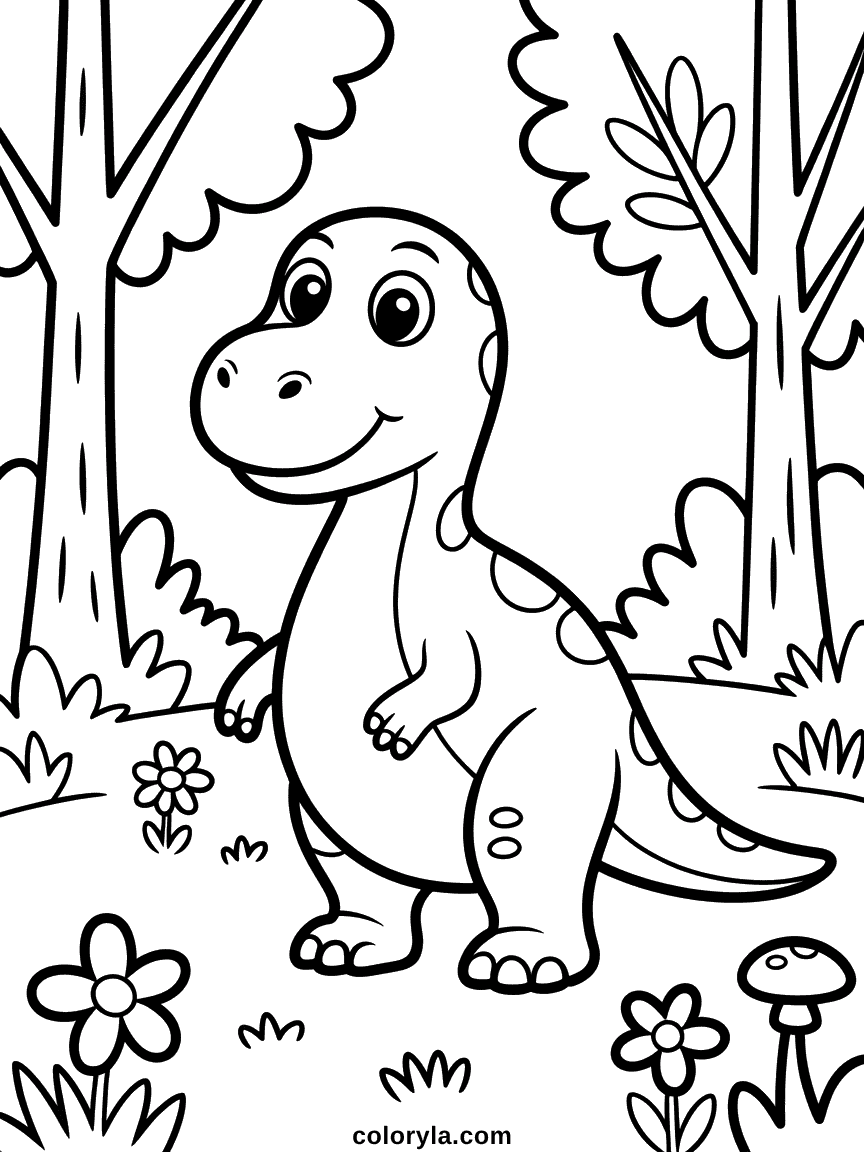 A small, friendly dinosaur walking among giant ferns and tall prehistoric trees.