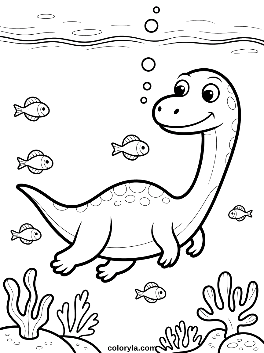 A cute dinosaur exploring a colorful underwater scene with coral and fish.