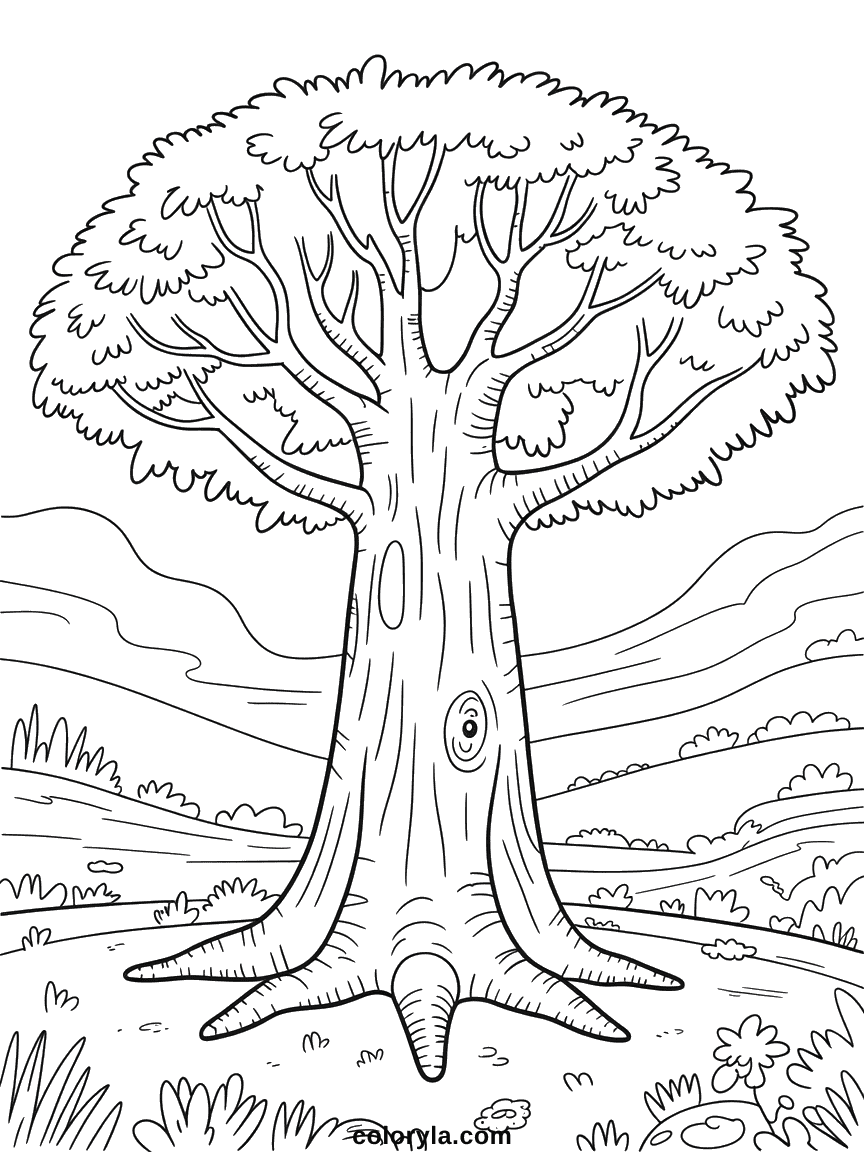 Giant Prehistoric Tree Coloring Page A towering ancient tree with gnarled roots and broad canopy in a prehistoric setting.