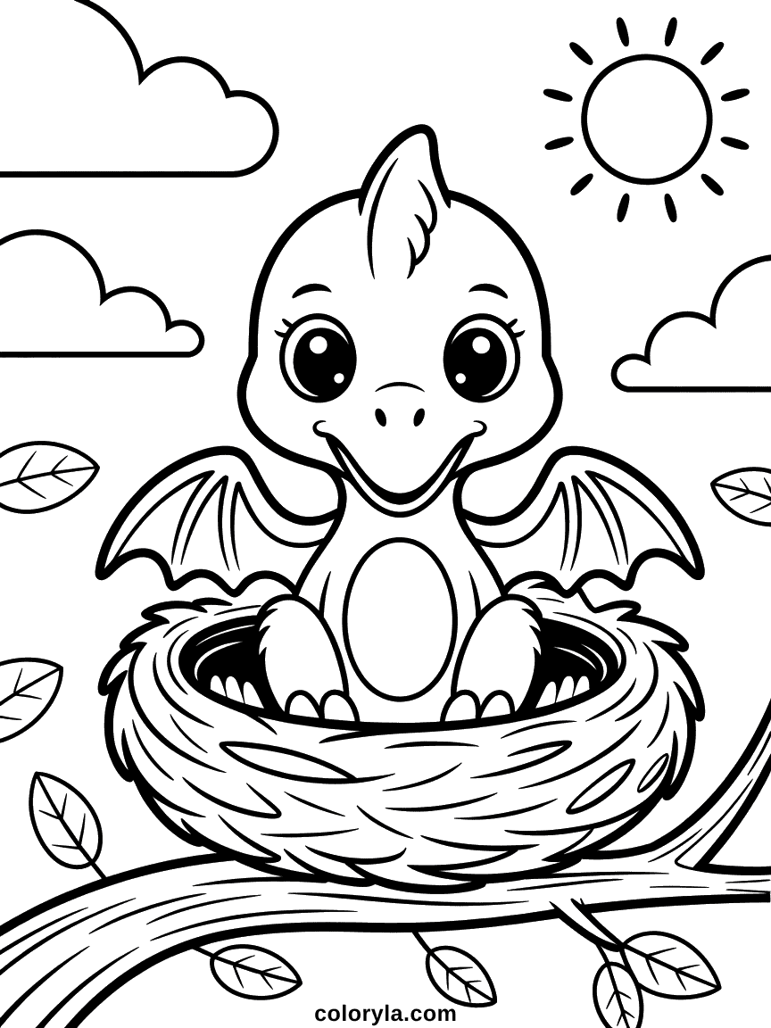 A tiny baby pterodactyl with big eyes sitting in a cozy nest, ready to be colored.