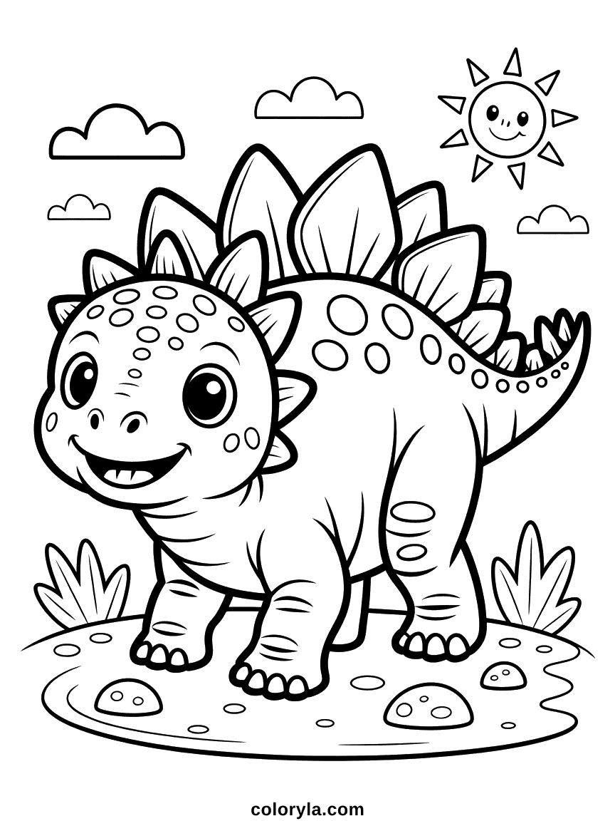 A chubby baby stegosaurus with small back plates and a curious expression.