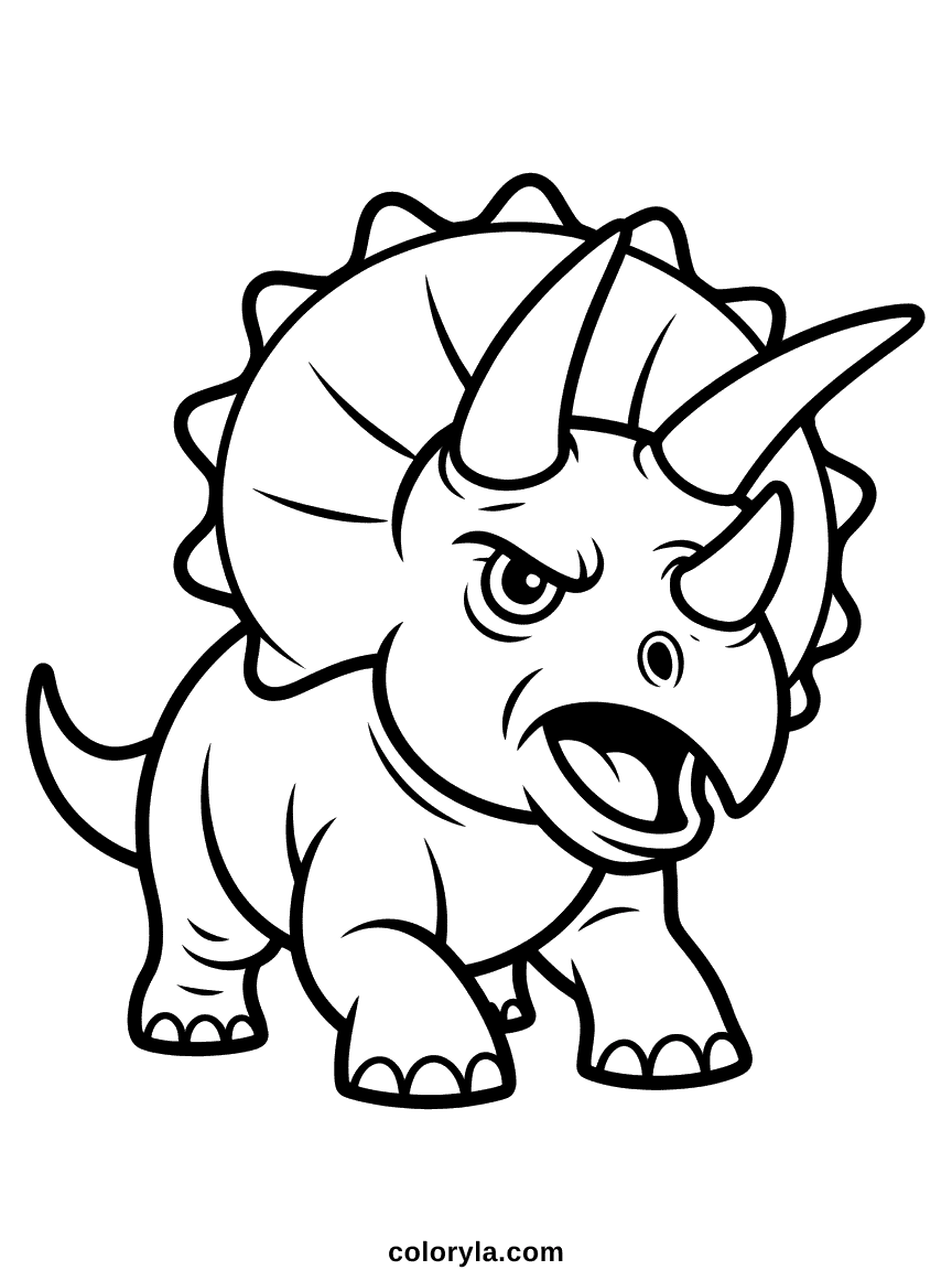 A triceratops in a charging stance with lowered head and three prominent horns.