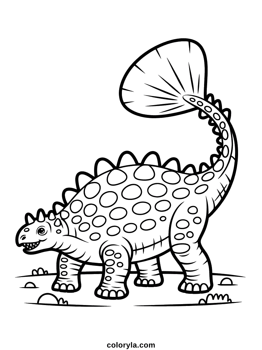 An ankylosaurus showing its armoured body plates and heavy club-shaped tail.