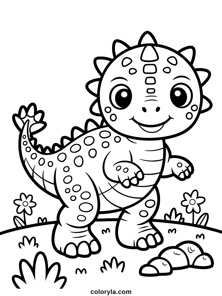 A small baby ankylosaurus with large eyes and tiny armour plates on its back.