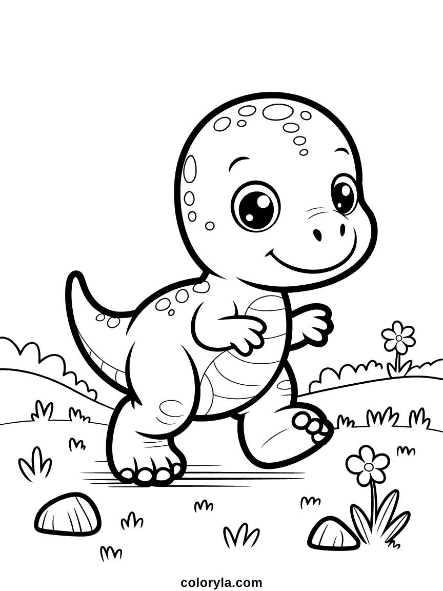 Un tout petit bébé dinosaure faisant ses premiers pas hésitants, les yeux grands ouverts et la queue levée.