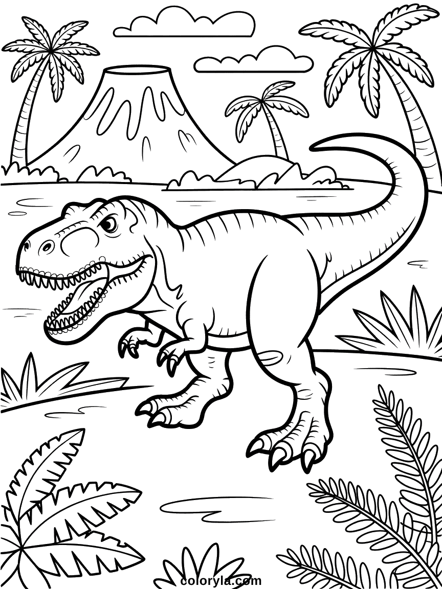 Un dinosaure carnivore en position de chasse, muscles tendus et regard concentré.