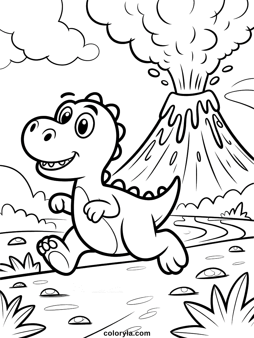Un dinosaure de dessin animé courant à toute vitesse avec des yeux paniqués pendant qu'un volcan explose derrière lui.