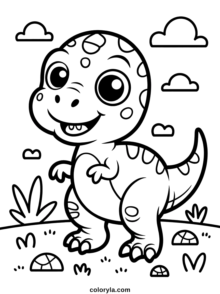 Un adorable bébé T-Rex avec une tête surdimensionnée, des bras minuscules et un grand sourire dentu.