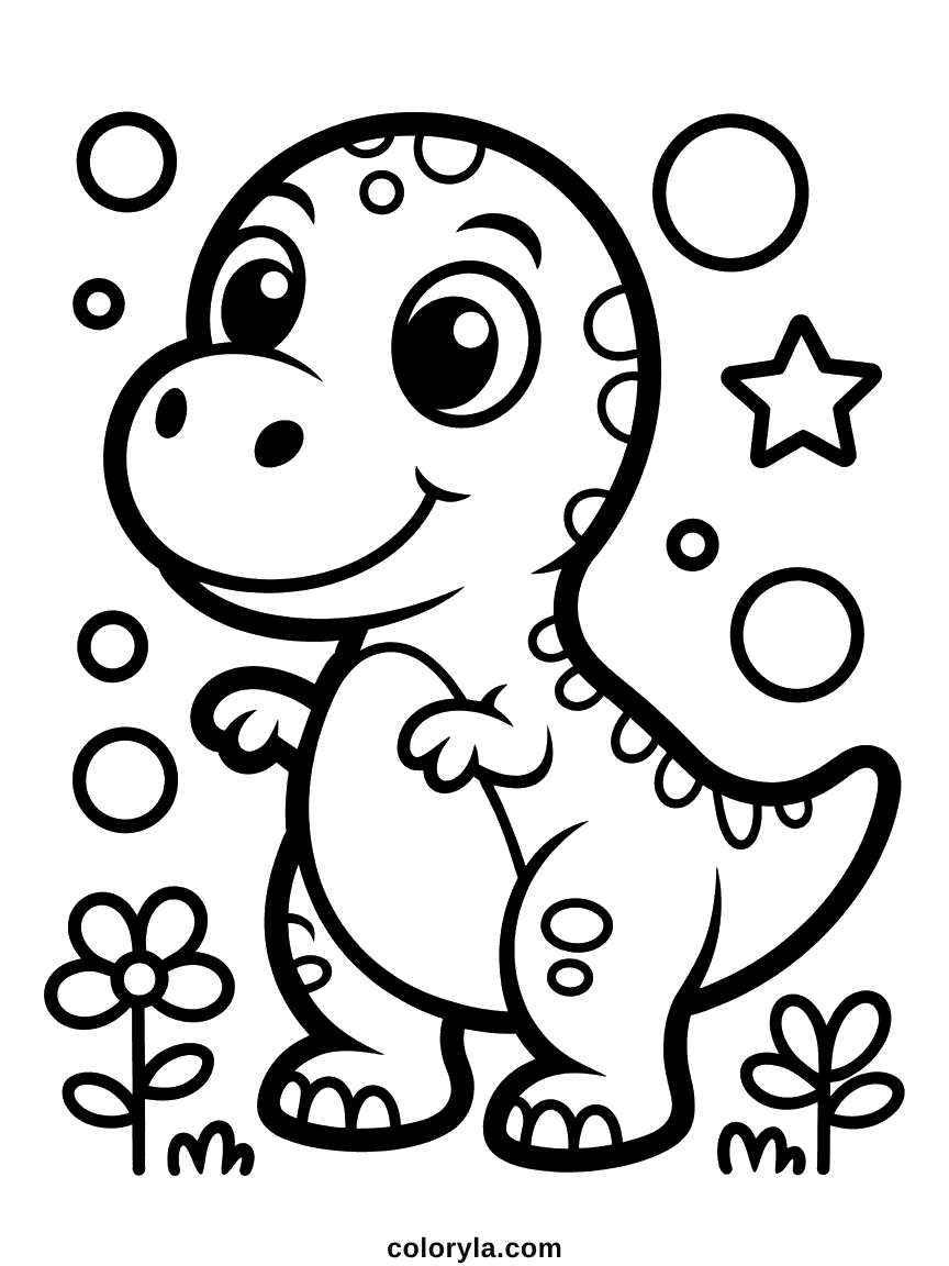 Un dinosaure de dessin animé rond et potelé avec un immense sourire et des contours noirs très épais.