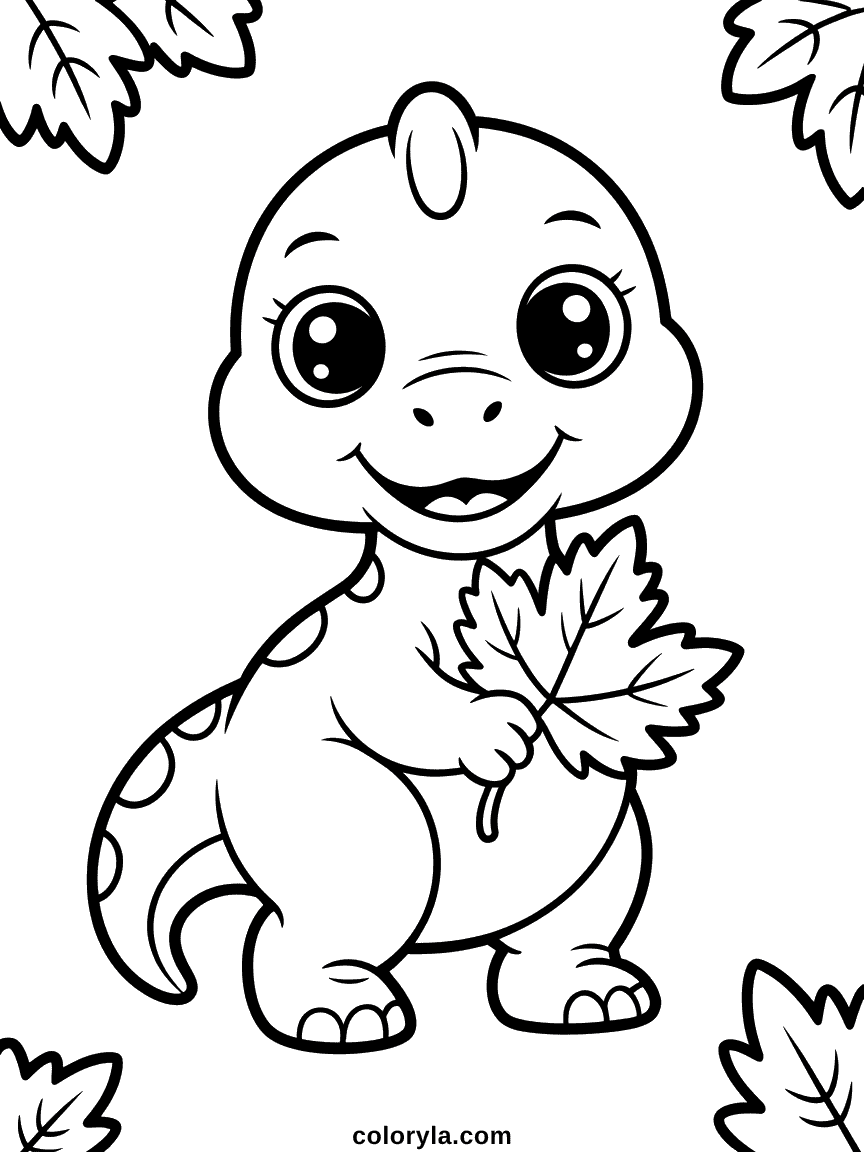 Cute Dinosaur Holding a Leaf Coloring Page A small cute dinosaur proudly holding a large green leaf between its front claws.