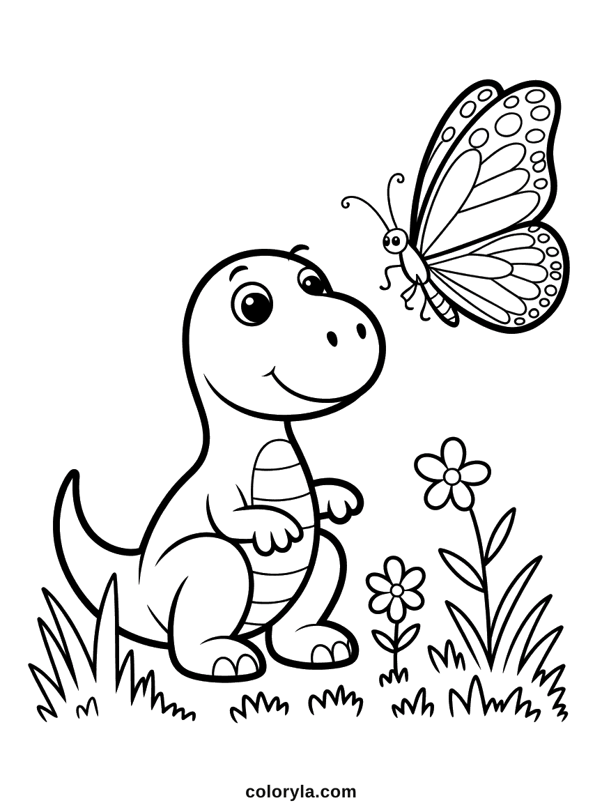 Un dinosaure paisible contemplant doucement un papillon coloré posé sur une fleur voisine.