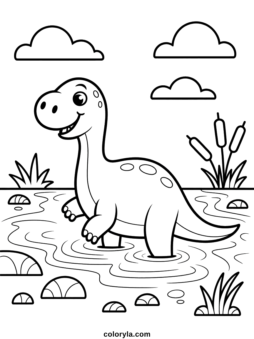Cute Dinosaur Walking Through a River Coloring Page A cute dinosaur wading through a river, surrounded by splashing water and river plants.