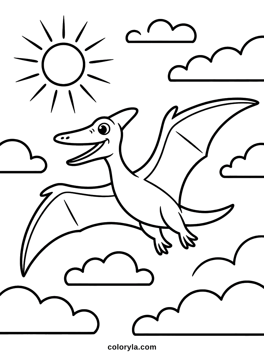 Un mignon dinosaure volant aux ailes grandes ouvertes, planant haut au-dessus des nuages.