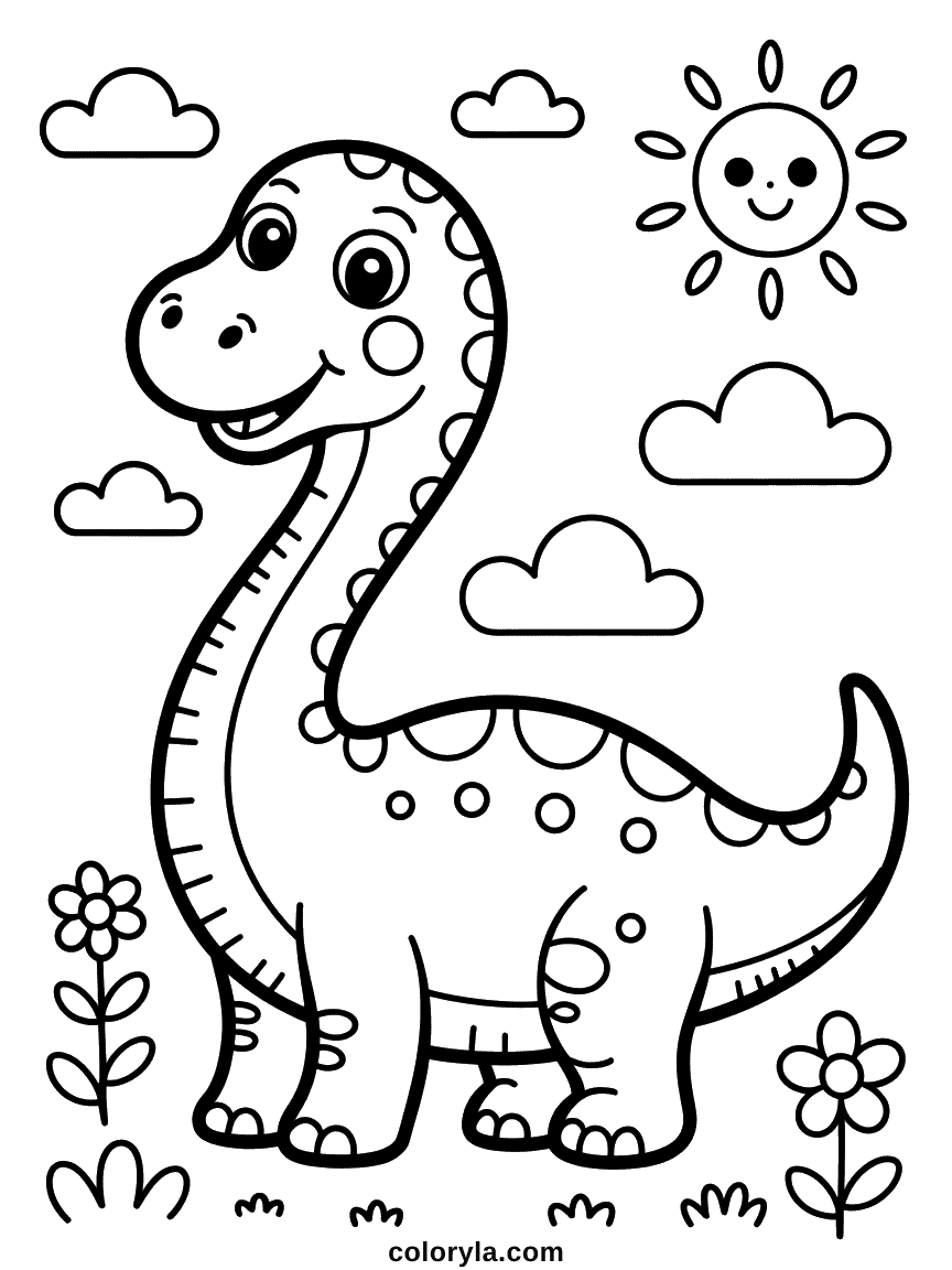 Cute Long Neck Dinosaur Coloring Page A cute long-neck dinosaur stretching its enormous neck toward the tops of the trees.
