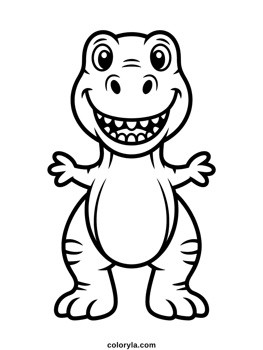 Un T-Rex affichant un grand sourire bête et amical, les petits bras tendus joyeusement.
