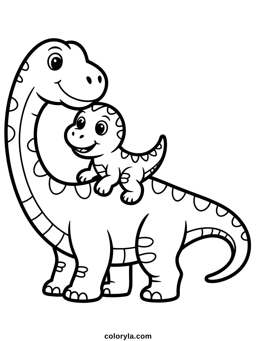 Un grand dinosaure marchant doucement avec un petit bébé dinosaure perché sur son dos.
