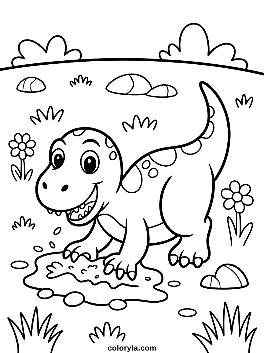 Dinosaur Digging in Dirt Coloring Page A dinosaur energetically digging into the ground with its front claws, dirt flying around it.