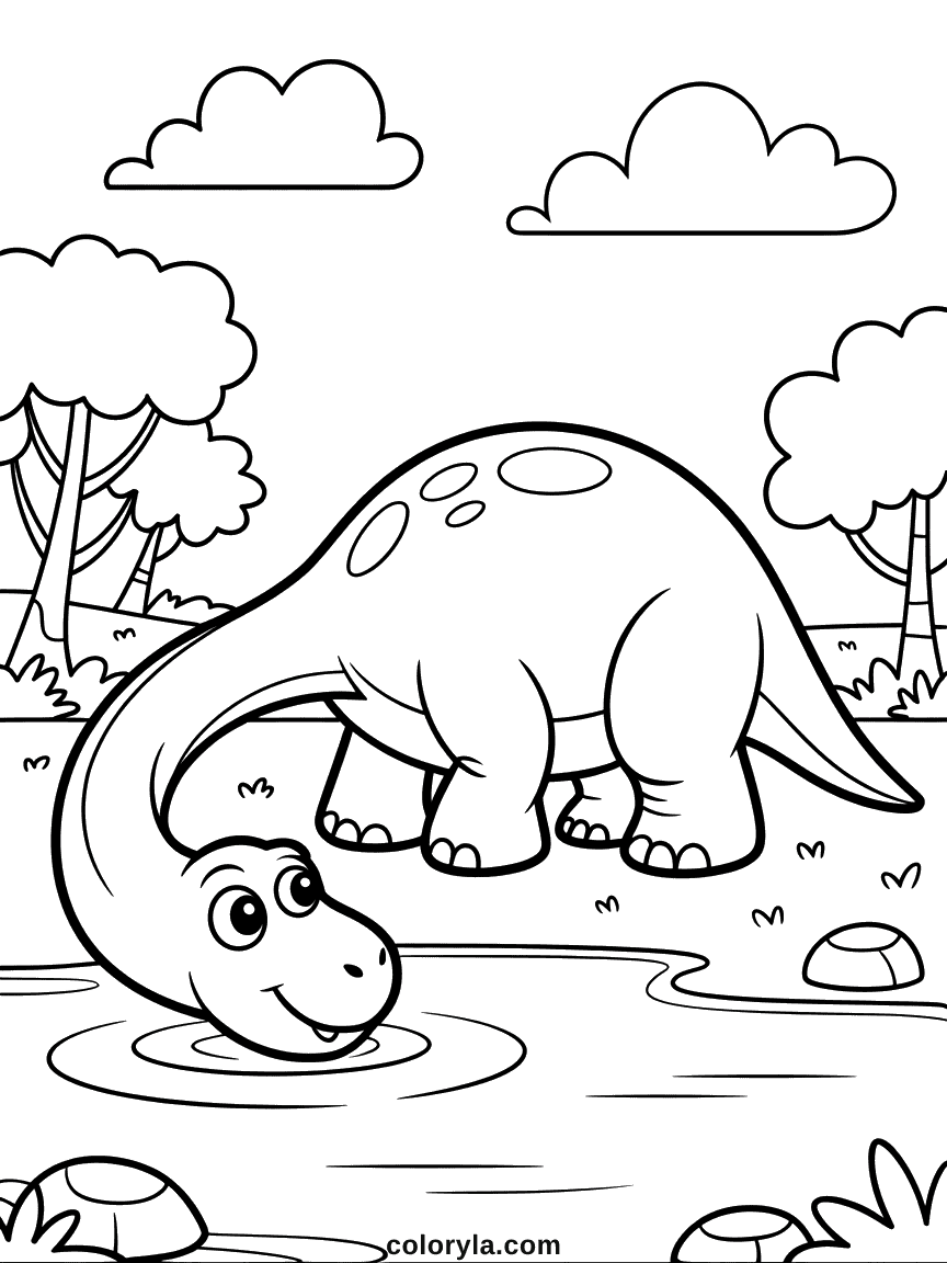Un dinosaure inclinant la tête pour boire dans un étang calme, son reflet visible dans l'eau.