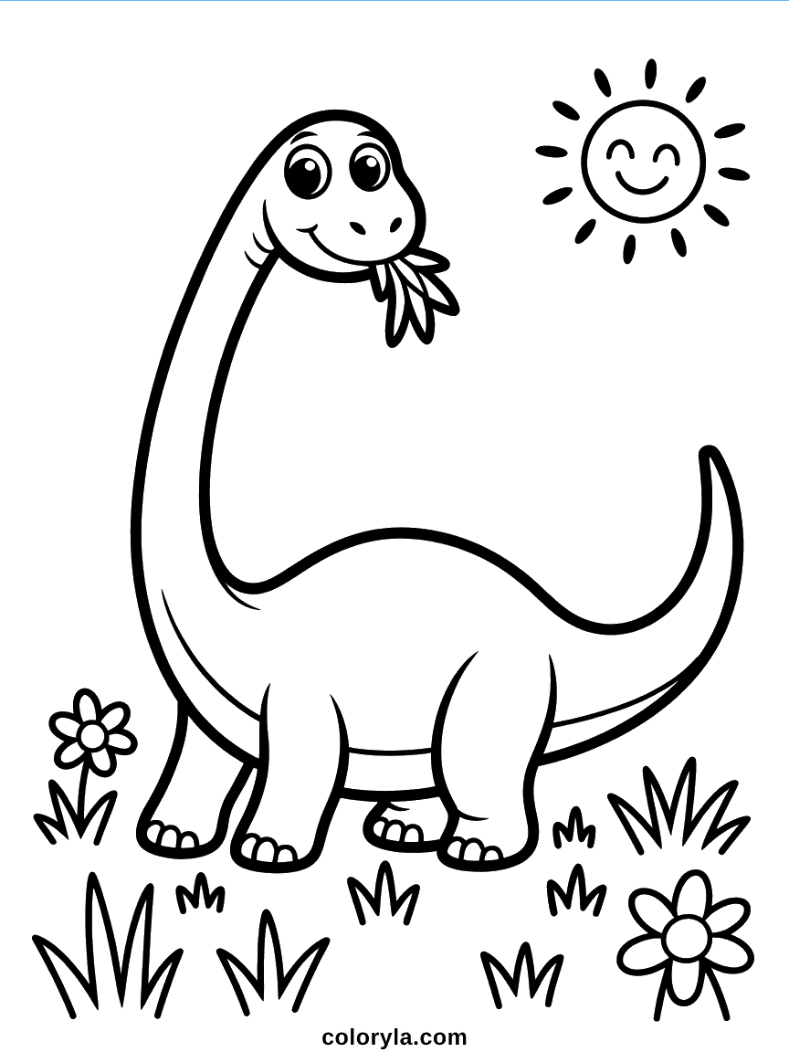 Dinosaur Eating Grass Coloring Page A relaxed herbivore dinosaur grazing on a patch of lush green prehistoric grass.