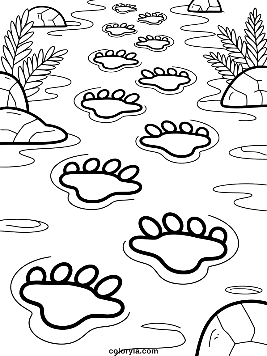 Trois grandes empreintes tridactyles de dinosaure imprimées profondément dans un sol boueux et humide.