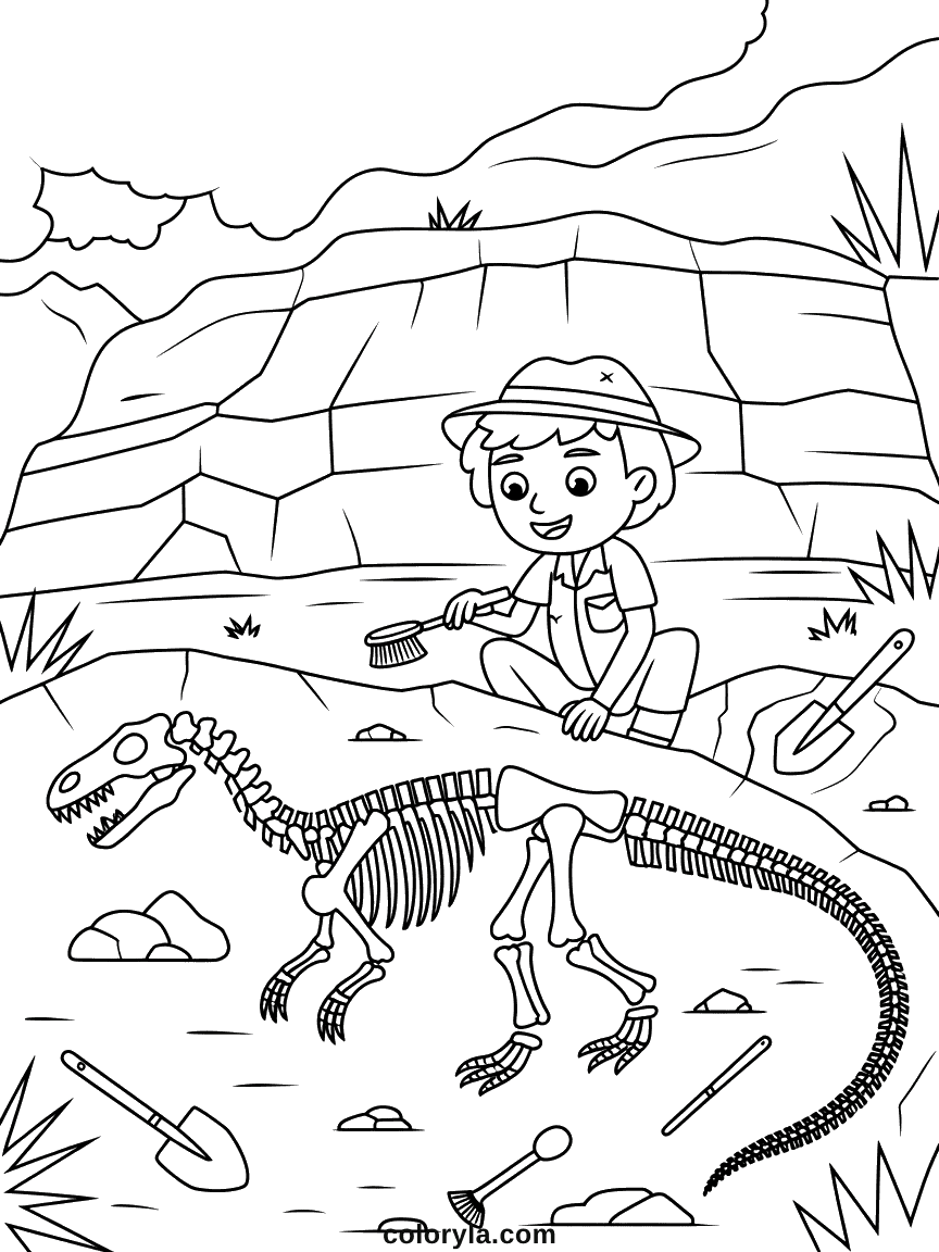 Un fossile de dinosaure soigneusement mis à nu dans la roche, révélant os et structure squelettique.