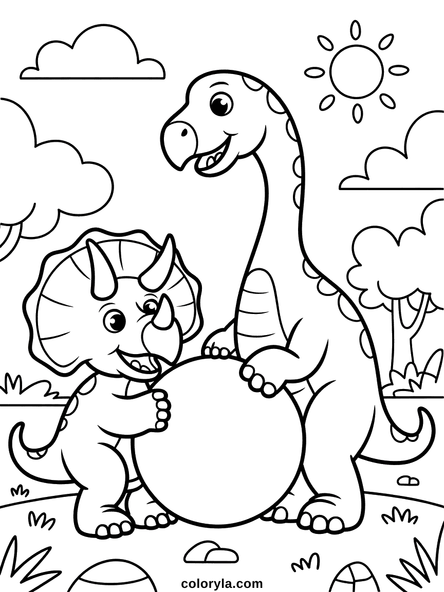 Deux dinosaures riant et jouant ensemble, se renvoyant un grand ballon rond.