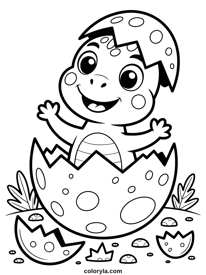 Dinosaur Hatching from Egg Coloring Page A baby dinosaur bursting through a cracked egg, wet and wide-eyed in its first moments of life.