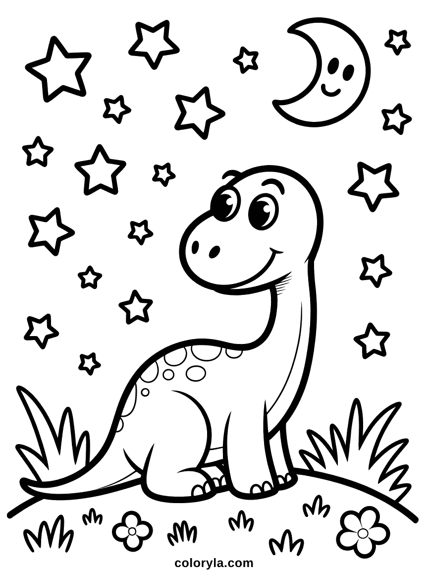 Un dinosaure assis tranquillement au sommet d'une colline, la tête levée vers un ciel plein d'étoiles.