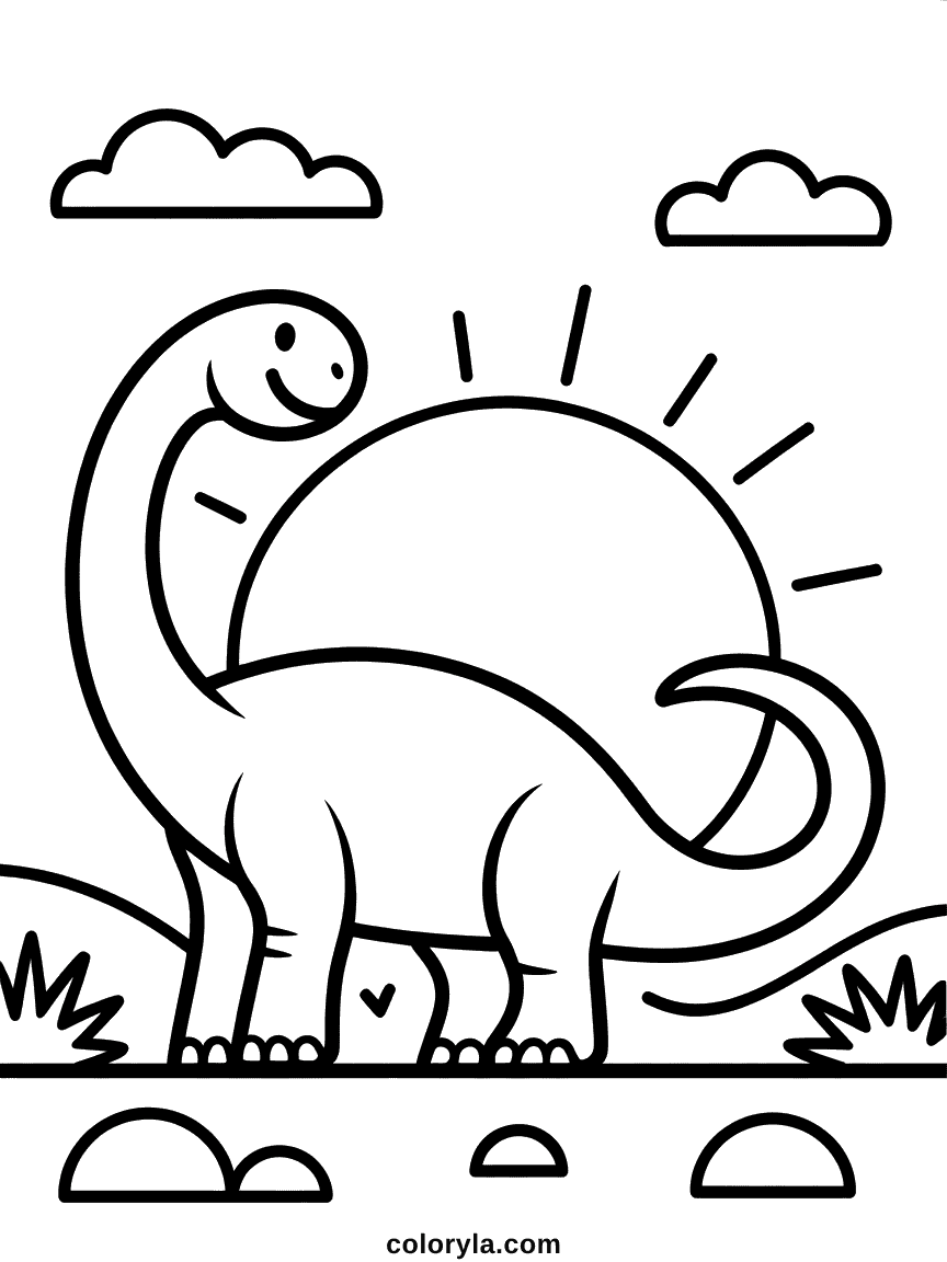 La sombre silhouette d'un grand dinosaure se découpant contre un ciel de coucher de soleil préhistorique orange et rouge.