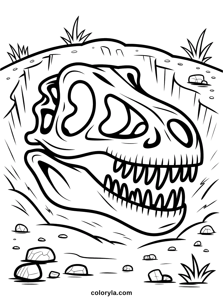 Un crâne de dinosaure antique partiellement enfoui dans la terre et la roche, poli par des millions d'années.