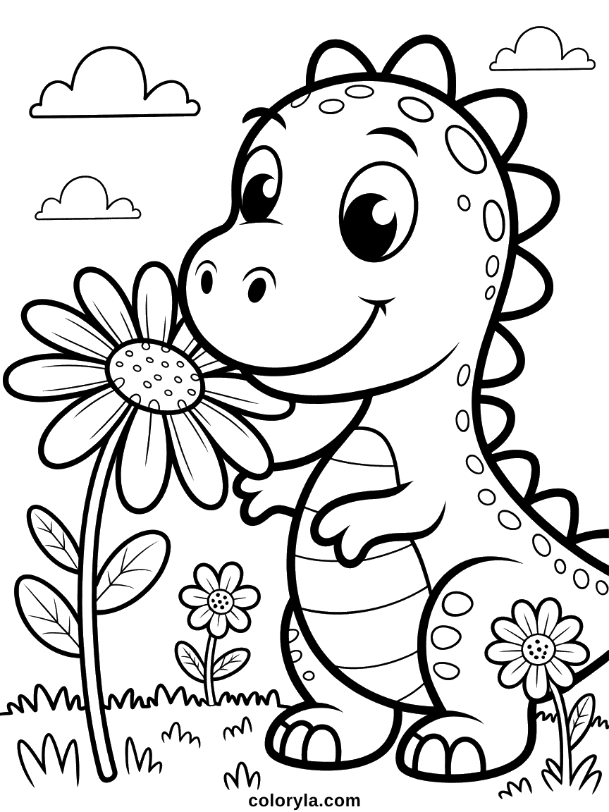 Un grand dinosaure inclinant son immense tête pour renifler doucement une petite fleur des champs délicate.