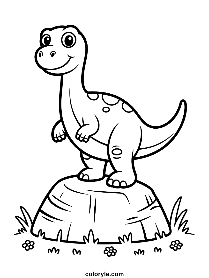 Un dinosaure confiant debout au sommet d'un grand rocher plat, surplombant un vaste paysage préhistorique.