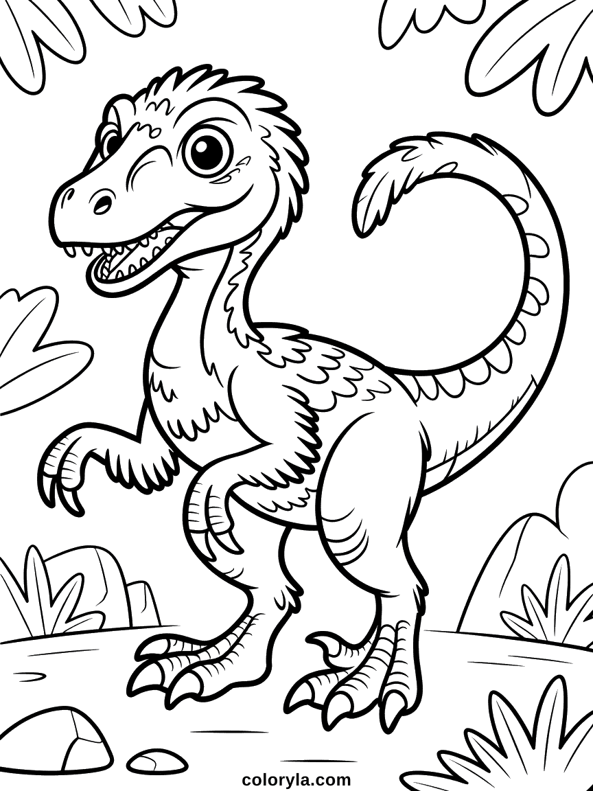 Un vélociraptor couvert de plumes détaillées, présenté dans une posture dynamique penchée vers l'avant.