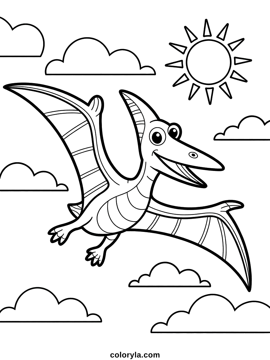 Coloriage Ptérodactyle Volant Un grand ptérodactyle planant dans les airs avec de larges ailes déployées au-dessus d'une mer préhistorique.