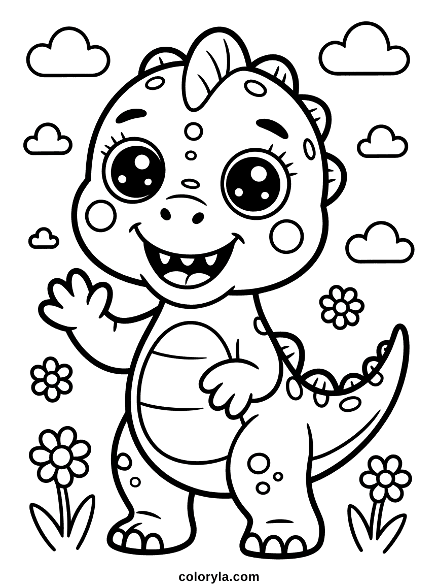 Un petit bébé dinosaure debout avec les bras grands ouverts et un immense sourire amical sur le visage.