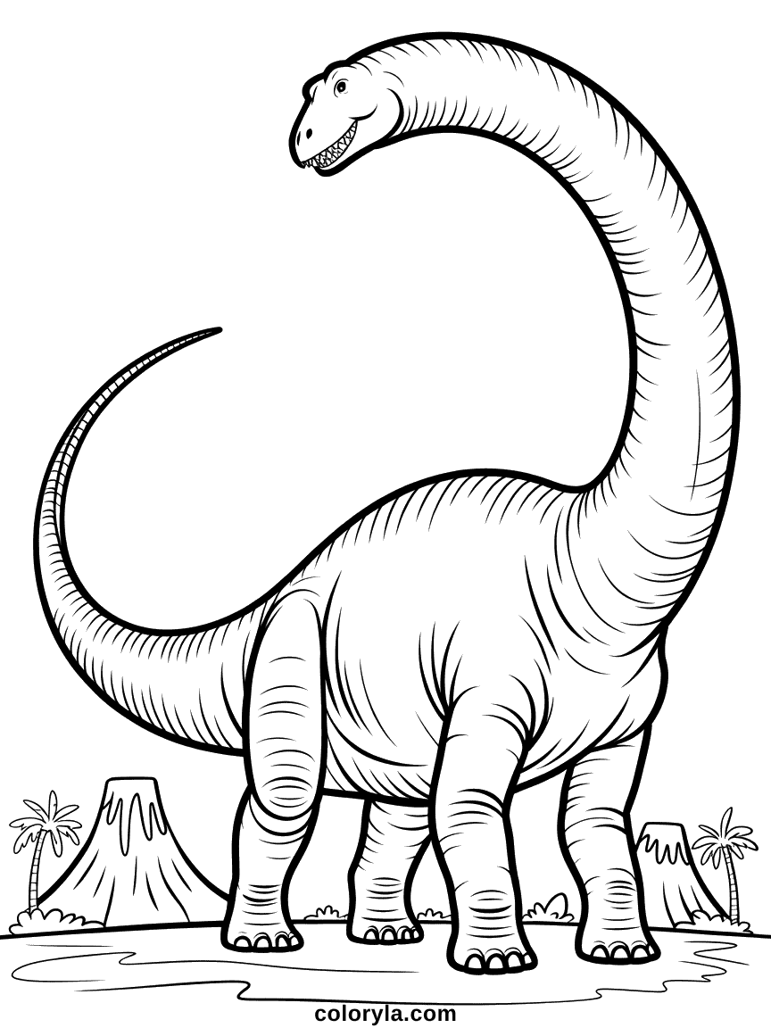 Huge Diplodocus Coloring Page A full-length illustration of a diplodocus stretching from its small head to its long whip-like tail.