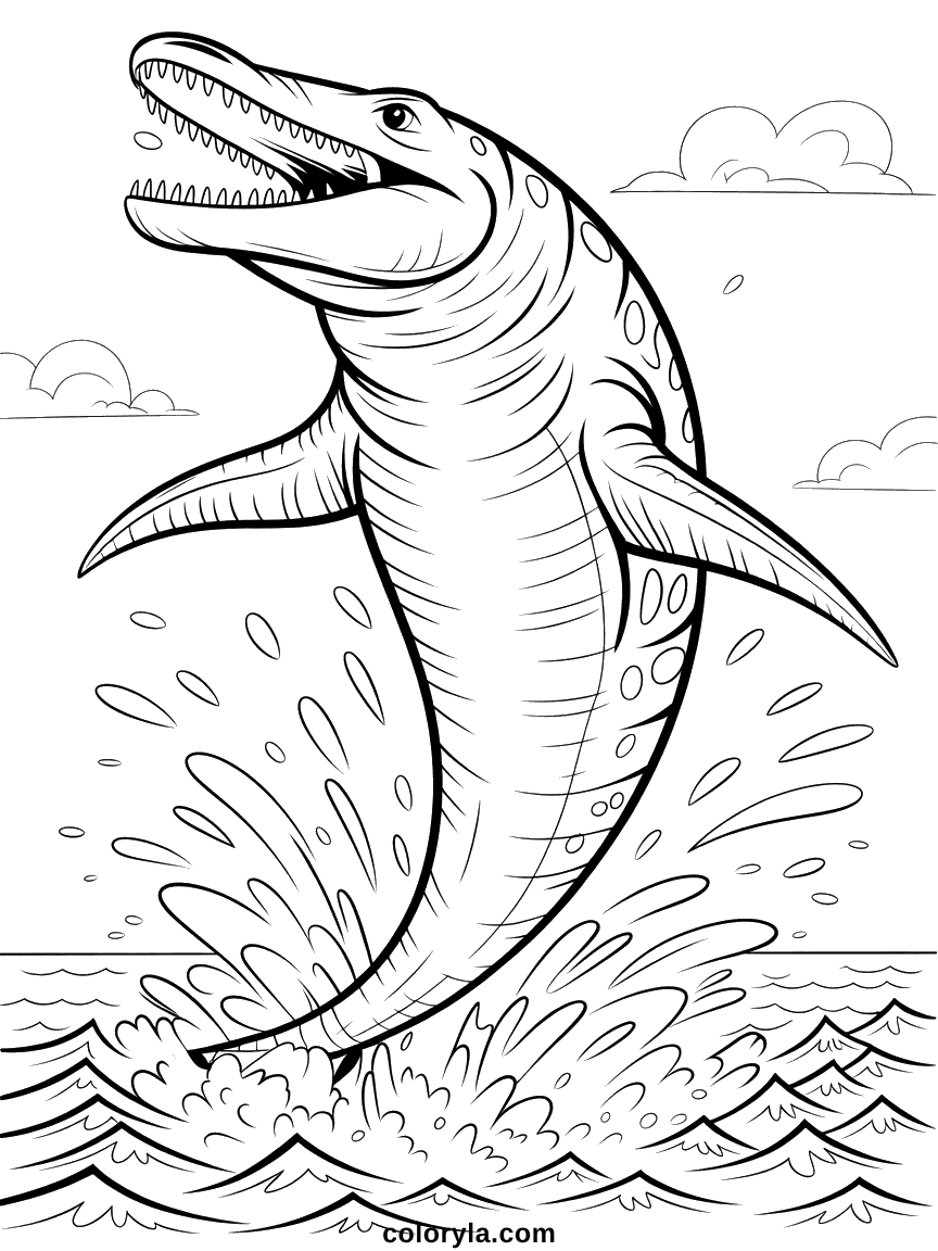 Un immense mosasaure jaillissant de l'océan dans une grande gerbe d'eau, la gueule grande ouverte.