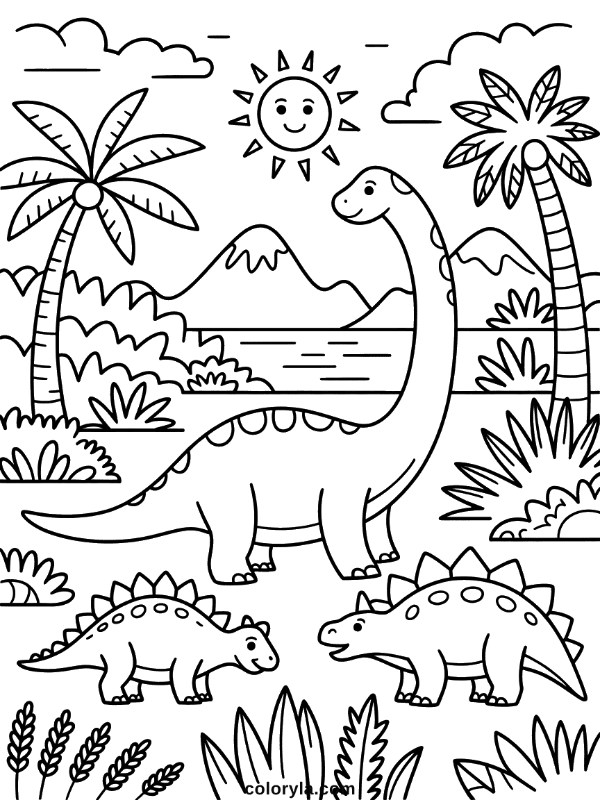 Coloriage Paysage Jurassique Un vaste paysage jurassique avec des fougères préhistoriques, des montagnes volcaniques lointaines et une rivière sinueuse.