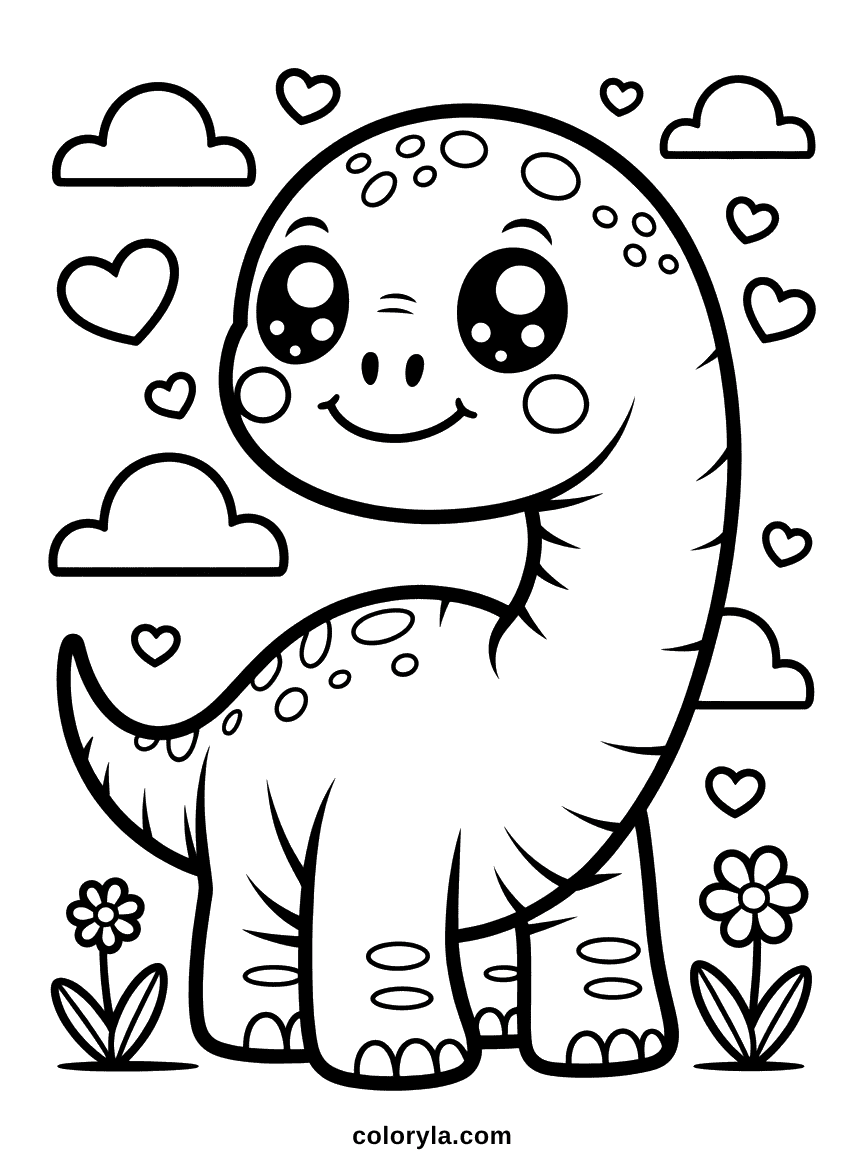 Un dinosaure sauropode géant dessiné en style kawaii avec de grands yeux pétillants, des marques de rougeur et des proportions mignonnes.