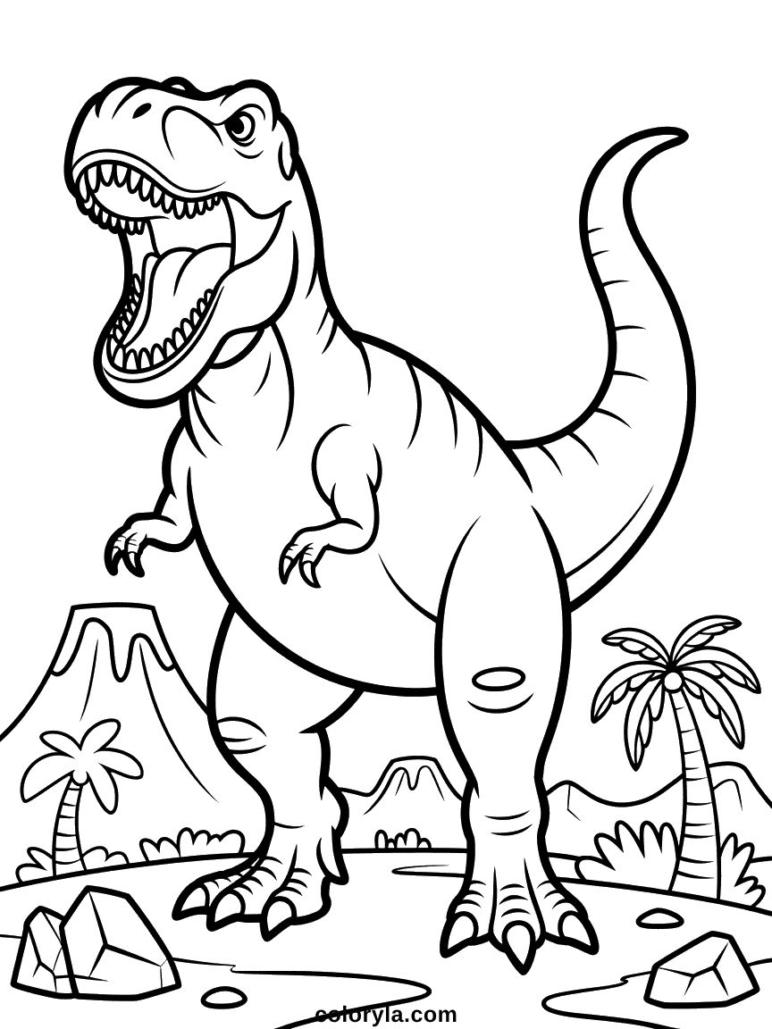 Coloriage Immense T-Rex Rugissant Un immense T-Rex rejetant la tête en arrière dans un rugissement puissant, muscles tendus et mâchoires grandes ouvertes.