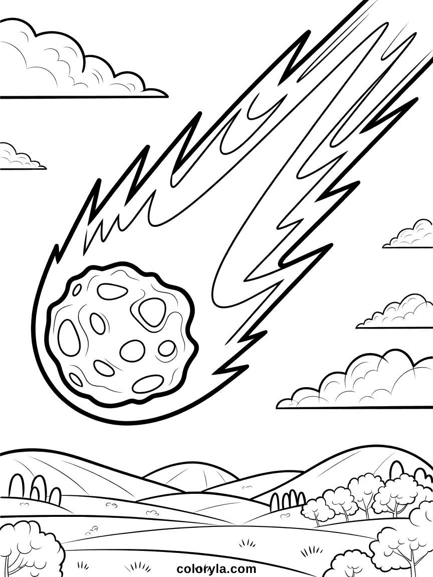 Un immense météore enflammé traversant le ciel au-dessus d'un paysage préhistorique avec des dinosaures au loin.