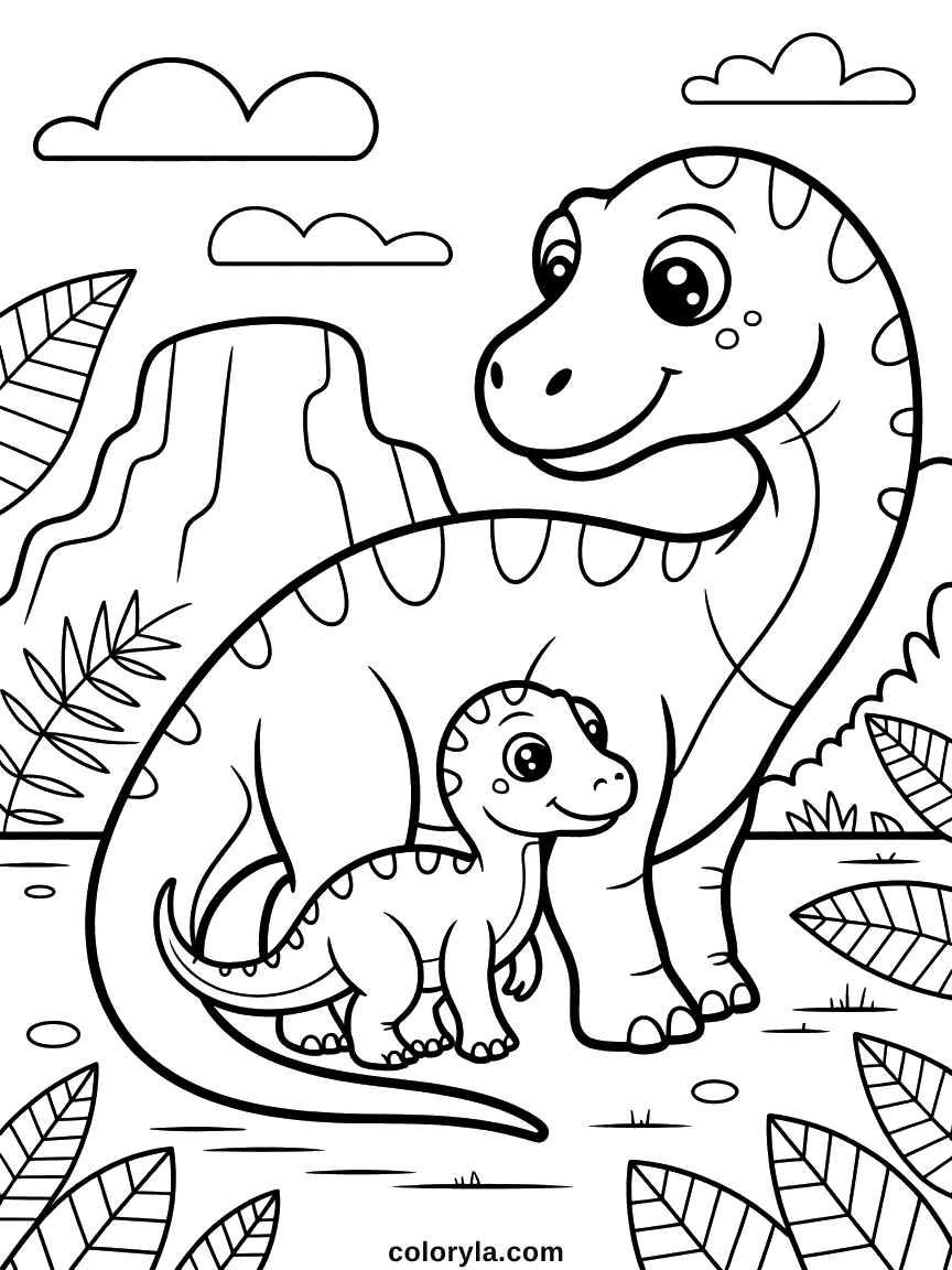 Un grand dinosaure mère frottant doucement son petit bébé avec une expression de pur amour et de protection.