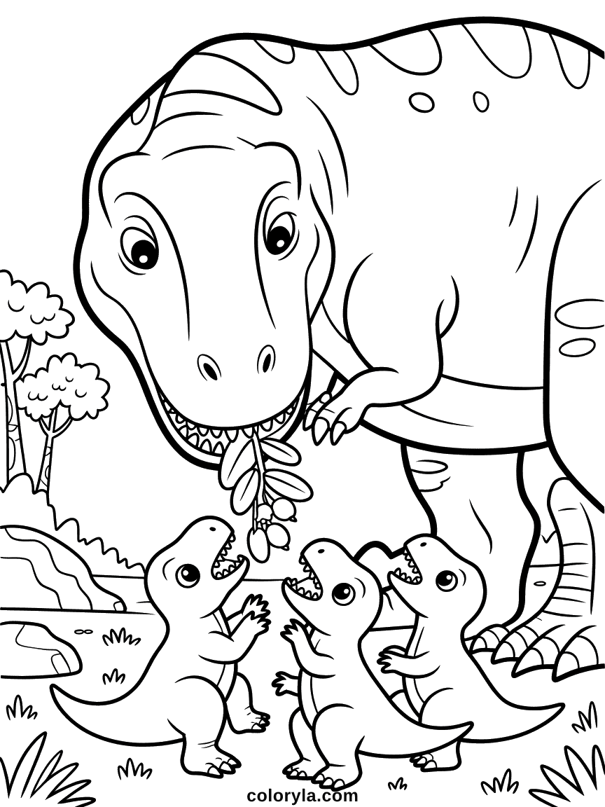 Un T-Rex mère nourrissant soigneusement trois minuscules bébés T-Rex qui tendent le cou la bouche ouverte.