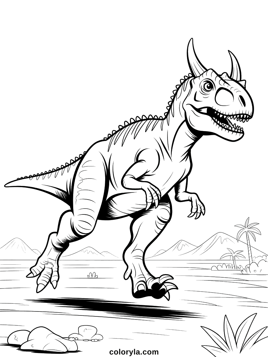 Realistic Carnotaurus Running Coloring Page A realistic carnotaurus running at full speed, its distinctive horn-like bumps and muscular legs clearly visible.