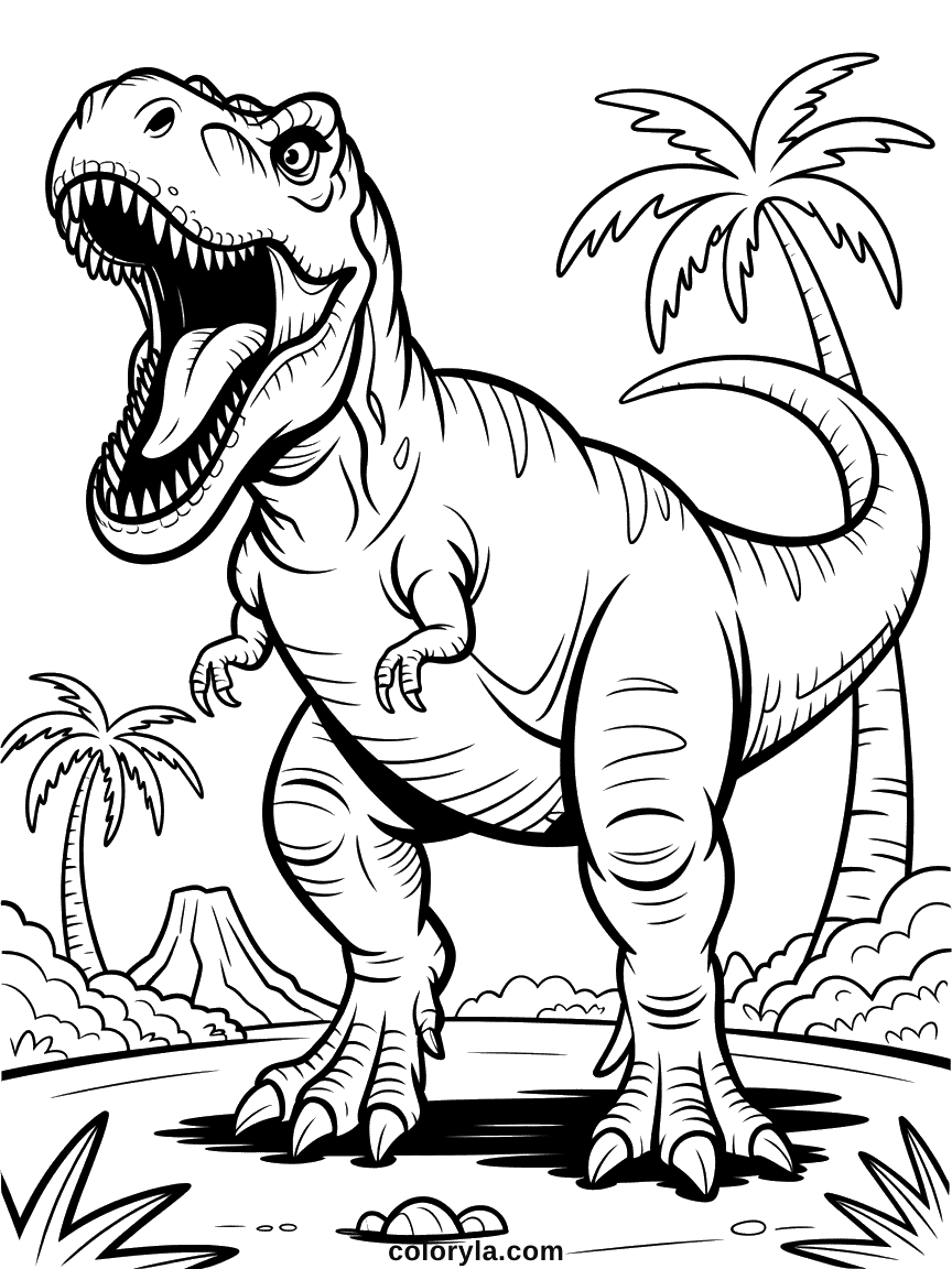 Roaring Jurassic Predator Coloring Page A large Jurassic predator dinosaur with jaws open wide in a thundering roar.