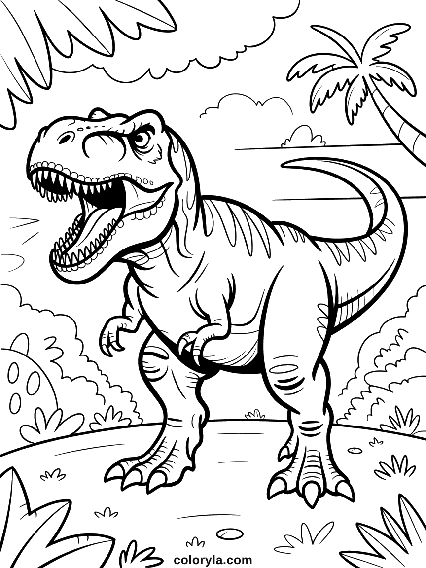 Un Tyrannosaure Rex rugissant de toute sa force, les mâchoires grandes ouvertes montrant de grandes dents acérées.
