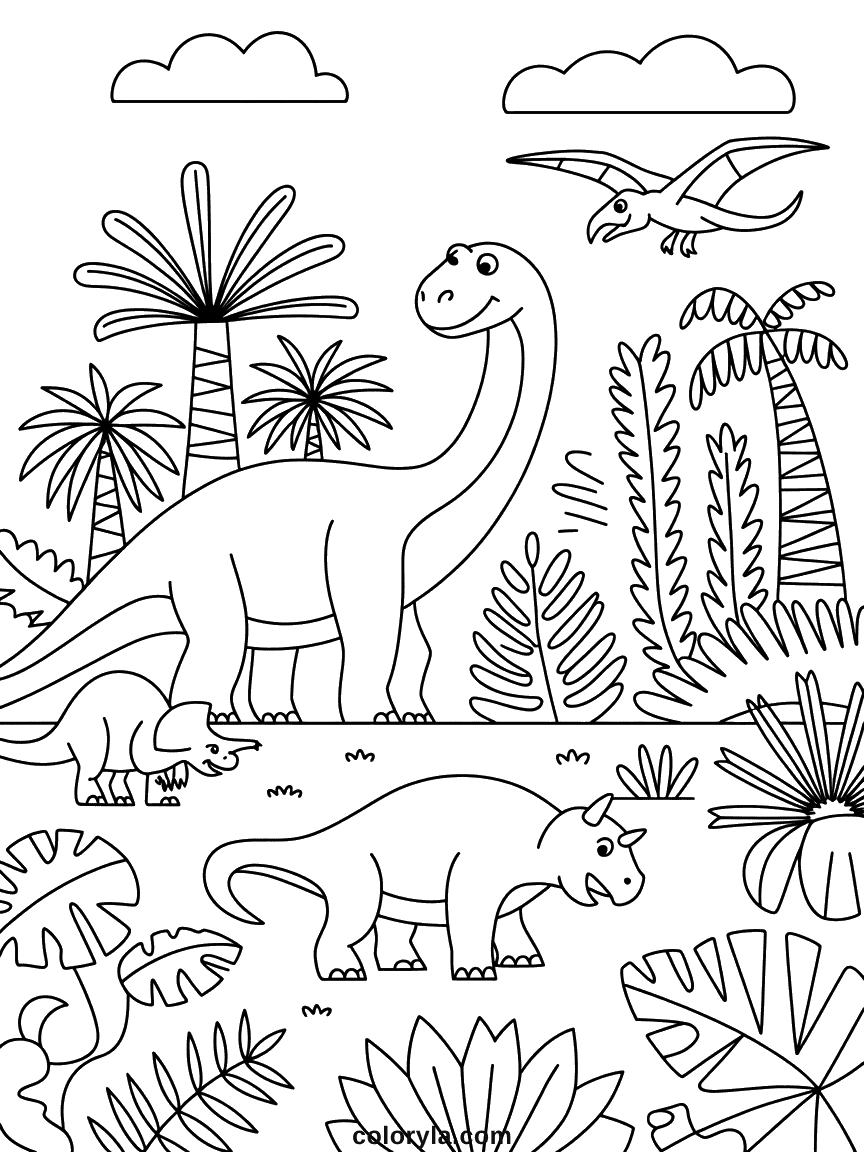 Une scène de jungle préhistorique simple avec de grandes fougères, des palmiers et un chemin qui disparaît dans le feuillage.