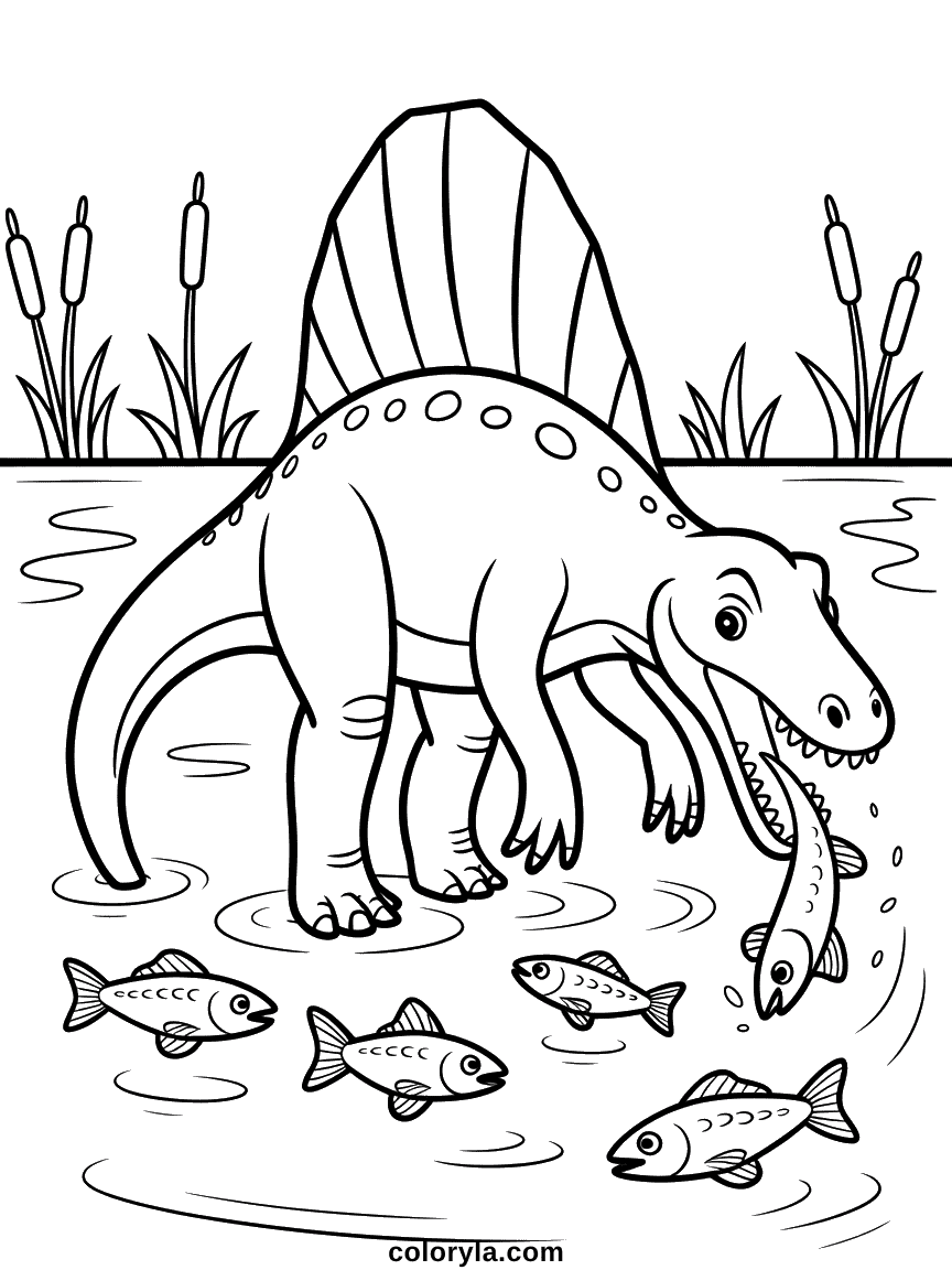 Un spinosaure pataugeant dans une rivière, attrapant un grand poisson dans ses mâchoires, son aileron dorsal caractéristique bien dressé.