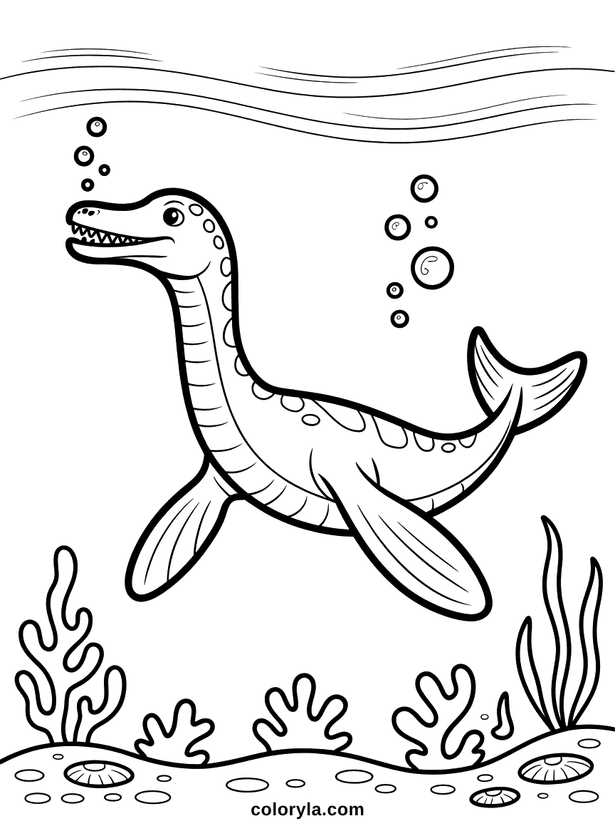 Un plésiosaure nageant gracieusement dans les eaux profondes de l'océan préhistorique avec son long cou étendu.