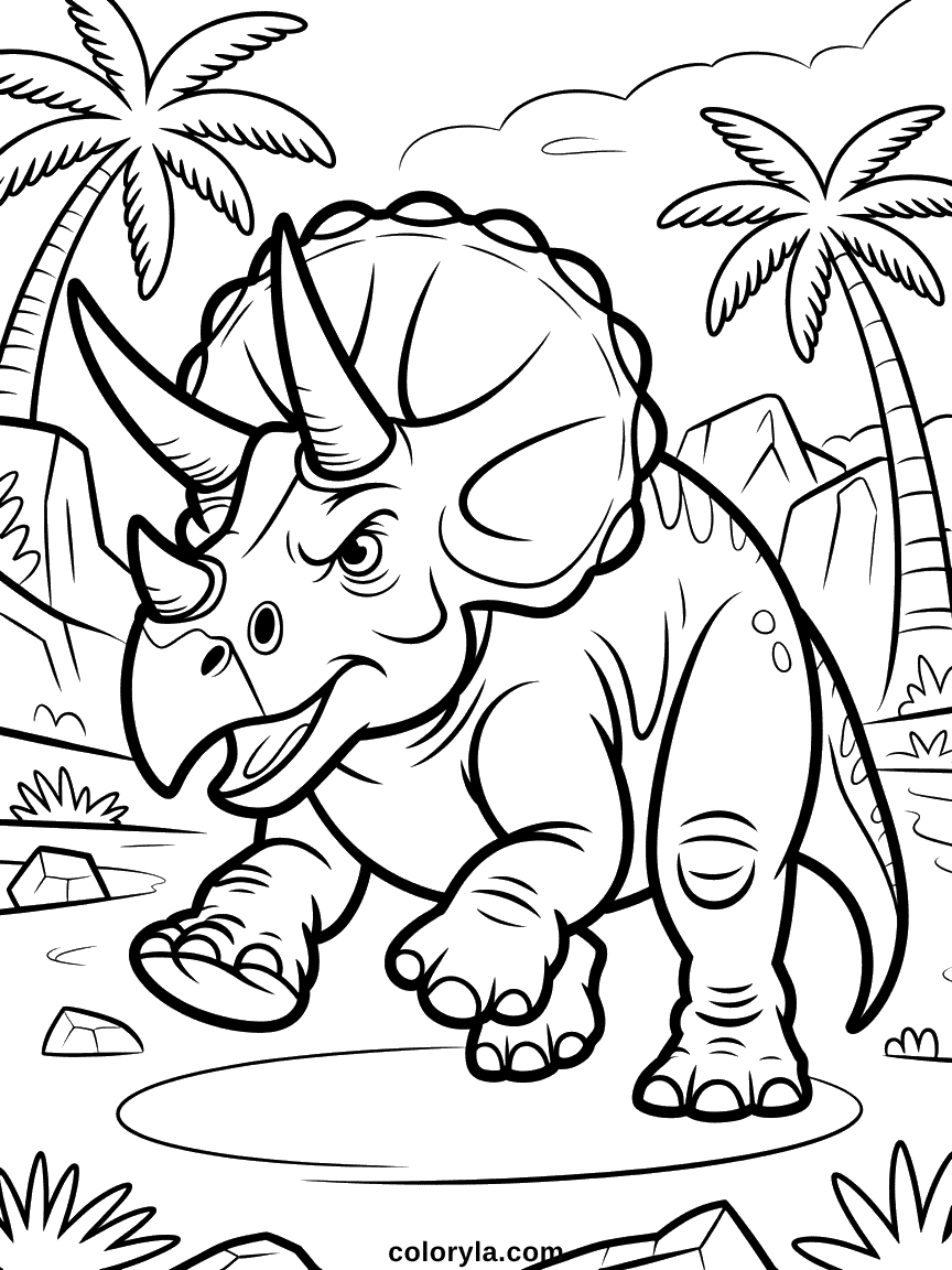 Un tricératops en pleine charge avec ses trois cornes pointées vers l'avant et les pattes martelant le sol.